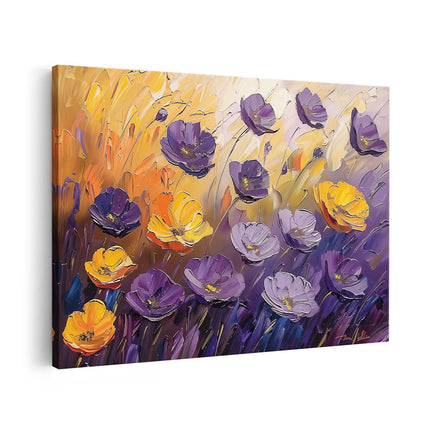 Canvas schilderij vooraanzicht Paarse en Gele Bloemen