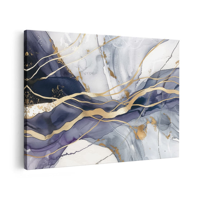 Canvas schilderij vooraanzicht Abstract Kunstwerk met Gouden en Blauwe Lijnen