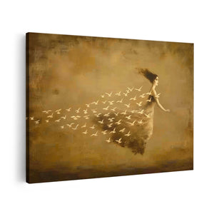 Canvas schilderij vooraanzicht Vrouw in een Jurk met Vogels die Om haar Heen Vliegen