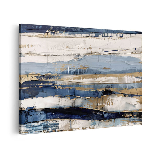 Canvas schilderij vooraanzicht Abstract Kunstwerk met Blauwe en Gouden Strepen