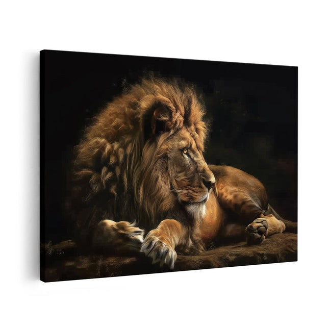 Canvas schilderij vooraanzicht Leeuw ligt in het Donker