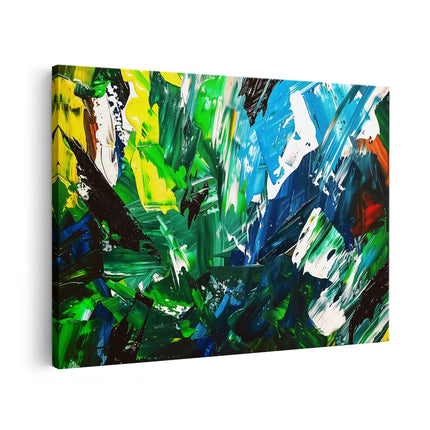 Canvas schilderij vooraanzicht Abstract Kunstwerk met Groene, Blauwe en Gele Kleuren