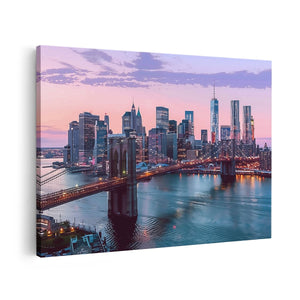Canvas schilderij vooraanzicht Brooklyn Bridge in de Schemering