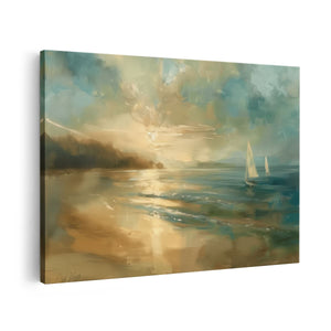 Canvas schilderij vooraanzicht Kunstwerk van een Zeilboot op het Strand
