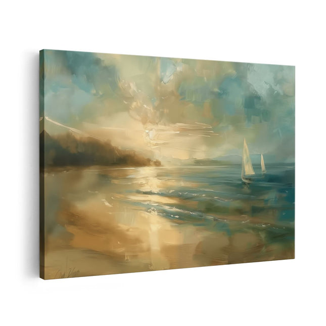 Canvas schilderij vooraanzicht Kunstwerk van een Zeilboot op het Strand