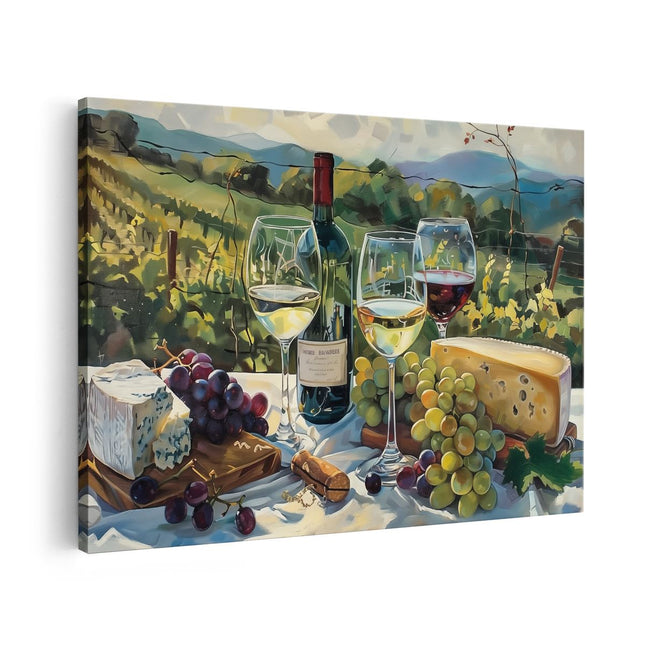 Canvas schilderij vooraanzicht Kunstwerk van Wijn, Kaas en Druiven op een Tafel