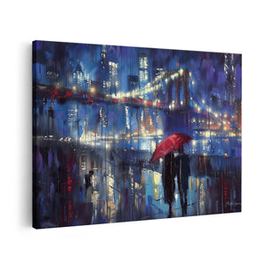 Canvas schilderij vooraanzicht Brooklyn Bridge 's Nachts met een Rode Paraplu