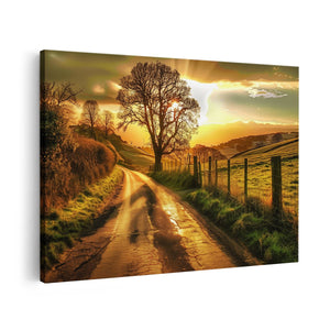 Canvas schilderij vooraanzicht Eenzame Boom in een Veld bij Zonsondergang