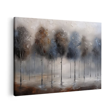 Canvas schilderij vooraanzicht Kunstwerk van Bomen in de Mist