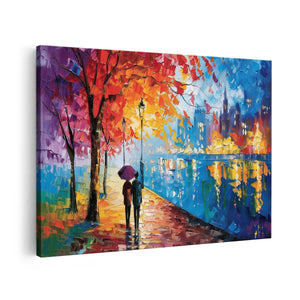 Canvas schilderij vooraanzicht Koppel dat met een Paraplu door de Straat loopt