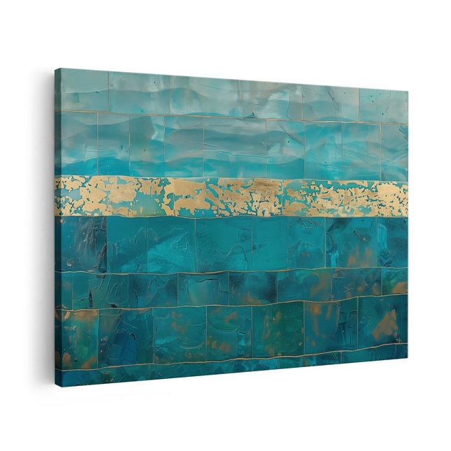 Canvas schilderij vooraanzicht Kunstwerk van een Blauw en Goud Betegelde Muur
