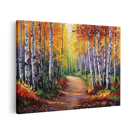 Canvas schilderij vooraanzicht Berkenbomen in de Herfst