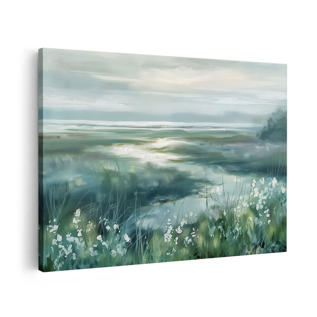 Canvas schilderij vooraanzicht Kunstwerk van een Moeras met Witte Bloemen
