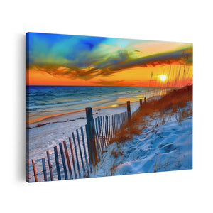 Canvas schilderij vooraanzicht Strandtafereel met een Hek en Zand