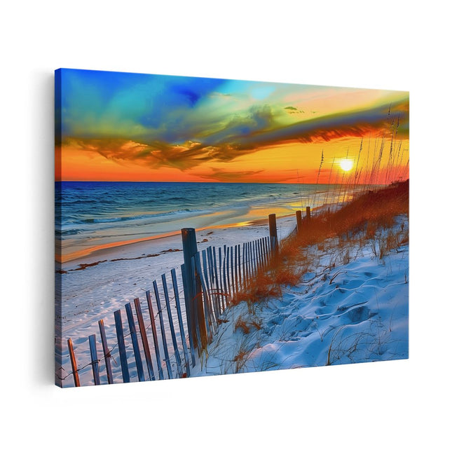 Canvas schilderij vooraanzicht Strandtafereel met een Hek en Zand
