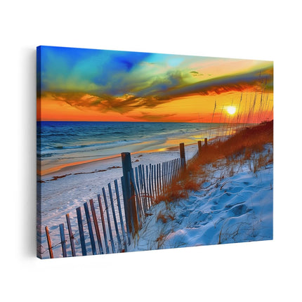 Canvas schilderij vooraanzicht Strandtafereel met een Hek en Zand