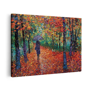 Canvas schilderij vooraanzicht Vrouw die met een Paraplu door het Bos loopt