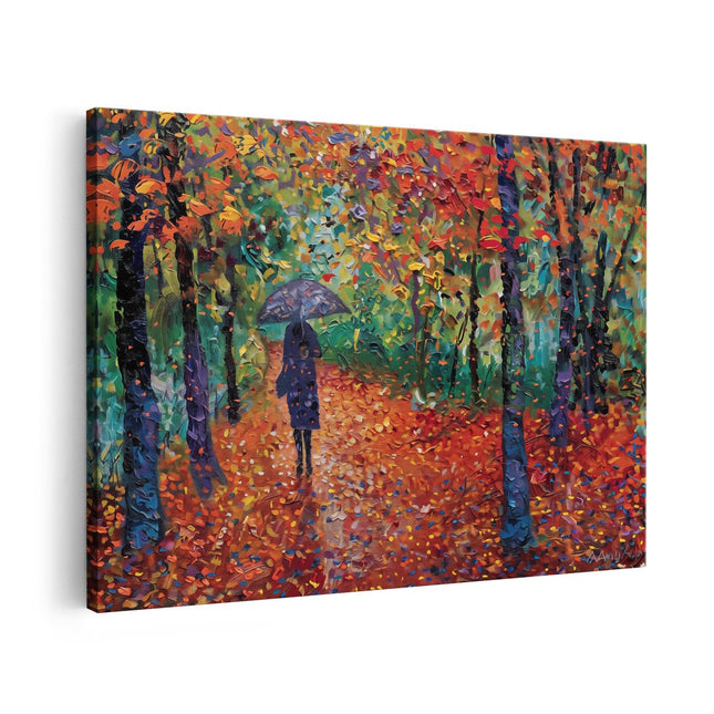 Canvas schilderij vooraanzicht Vrouw die met een Paraplu door het Bos loopt