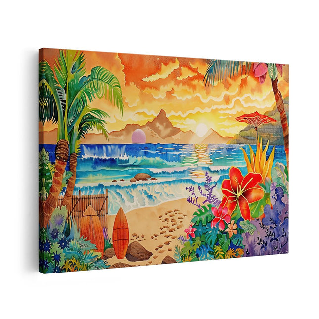 Canvas schilderij vooraanzicht Kunstwerk van een Tropisch Tafereel met Palmbomen en Surfplanken