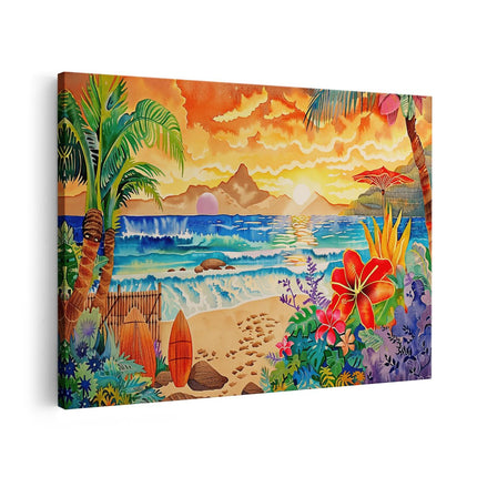 Canvas schilderij vooraanzicht Kunstwerk van een Tropisch Tafereel met Palmbomen en Surfplanken