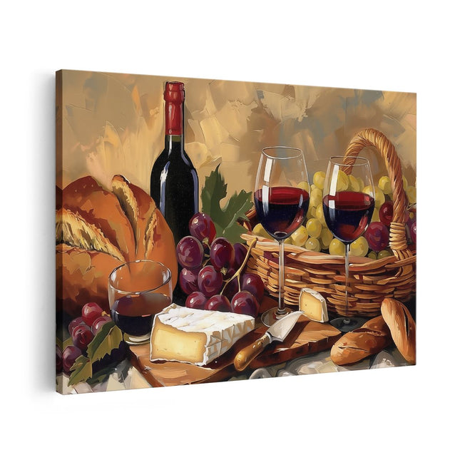 Canvas schilderij vooraanzicht Kunstwerk van Wijn, Brood en Kaas