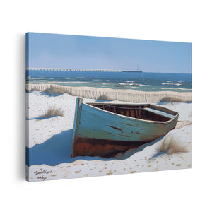 Canvas schilderij vooraanzicht Boot in het Zand