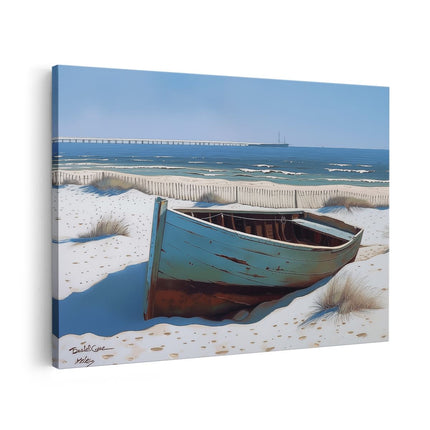 Canvas schilderij vooraanzicht Boot in het Zand