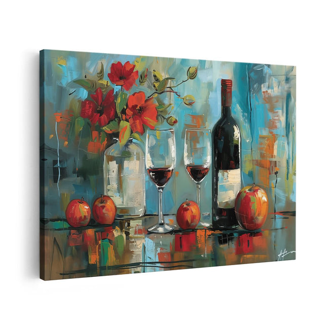 Canvas schilderij vooraanzicht Kunstwerk van een Fles Wijn en een Glas Rode Wijn