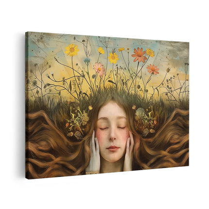 Canvas schilderij vooraanzicht Meisje met Lang haar en Bloemen op haar Hoofd