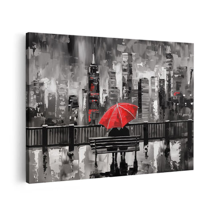 Canvas schilderij vooraanzicht Paar Zittend op een Bankje met een Rode Paraplu