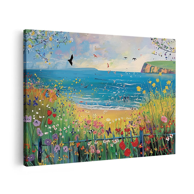 Canvas schilderij vooraanzicht Kunstwerk van een Strand met Bloemen en Vogels