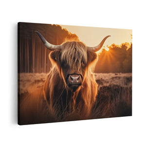 Canvas schilderij vooraanzicht Hooglandkoe die in een Veld Staat bij Zonsondergang