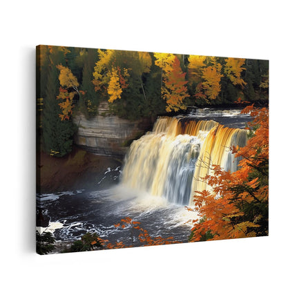 Canvas schilderij vooraanzicht Waterval Omgeven door Herfstbladeren