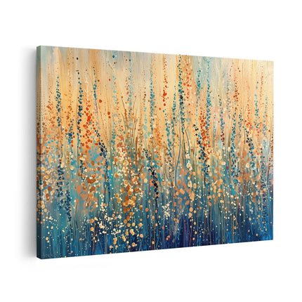 Canvas schilderij vooraanzicht Abstract Kunstwerk van een Veld met Blauwe en Oranje Bloemen