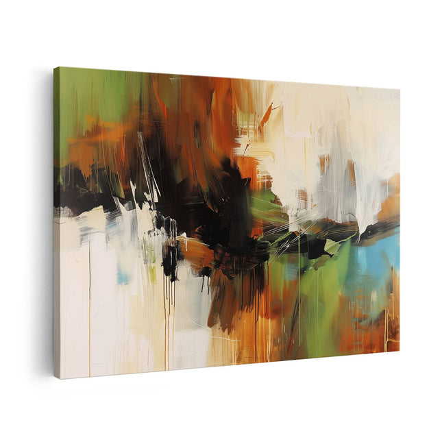 Canvas schilderij vooraanzicht Abstract Kunstwerk met Groene, Blauwe en Oranje Kleuren