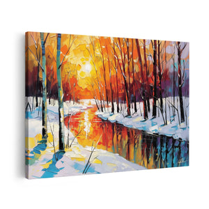 Canvas schilderij vooraanzicht Winters Tafereel met Bomen en een Rivier