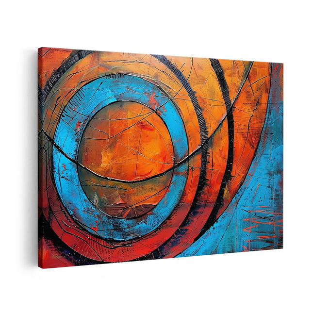 Canvas schilderij vooraanzicht Abstract Kunstwerk met Blauwe en Oranje Cirkels