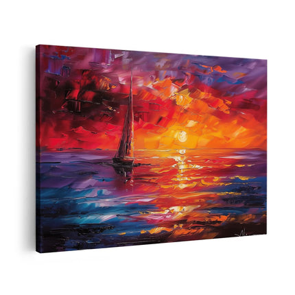 Canvas schilderij vooraanzicht Zeilboot in het Water bij Zonsondergang