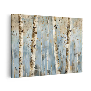 Canvas schilderij vooraanzicht Kunstwerk van Berkenbomen op een Blauwe Achtergrond