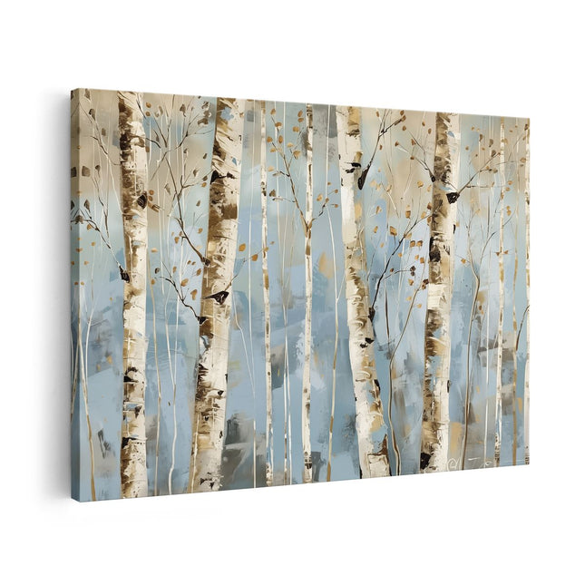 Canvas schilderij vooraanzicht Kunstwerk van Berkenbomen op een Blauwe Achtergrond
