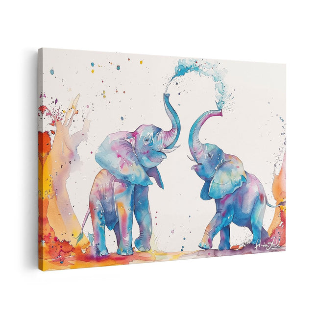 Canvas schilderij vooraanzicht Twee Olifanten Spelen met Waterspatten