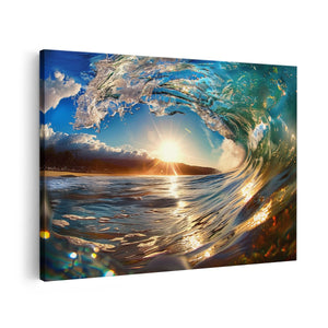 Canvas schilderij vooraanzicht De Zon schijnt door een Golf in de Oceaan