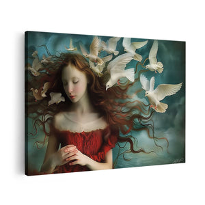 Canvas schilderij vooraanzicht Meisje met een Rode Jurk en Witte Duiven