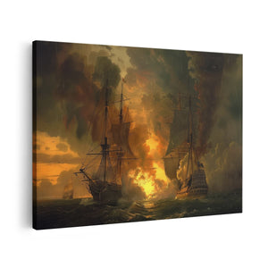 Canvas schilderij vooraanzicht Twee Schepen in Brand in de Oceaan