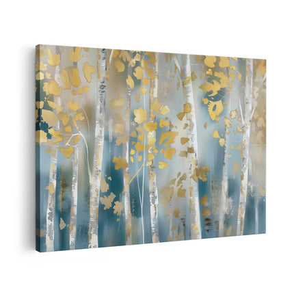 Canvas schilderij vooraanzicht Kunstwerk van Berkenbomen met Bladgoud