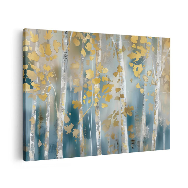 Canvas schilderij vooraanzicht Kunstwerk van Berkenbomen met Bladgoud