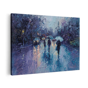 Canvas schilderij vooraanzicht Mensen die met Paraplu's in de Regen Lopen