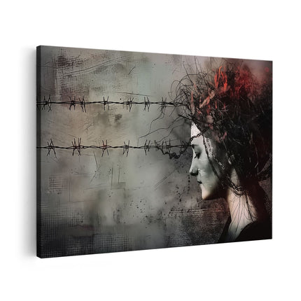 Canvas schilderij vooraanzicht Hoofd van de Vrouw Achter Prikkeldraad