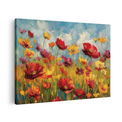 Canvas schilderij vooraanzicht Kleurrijke Bloemen in een Veld