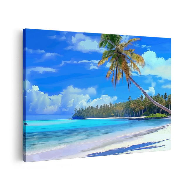 Canvas schilderij vooraanzicht Kunstwerk van een Strand met Palmbomen